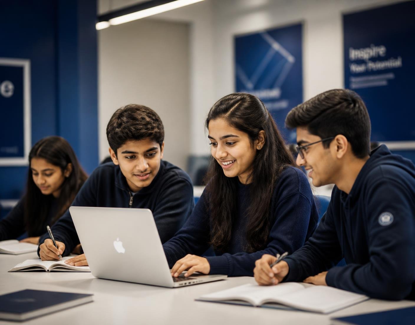 Students of Tuition Lijiye learning together with laptops and notebooks at a modern coaching centre